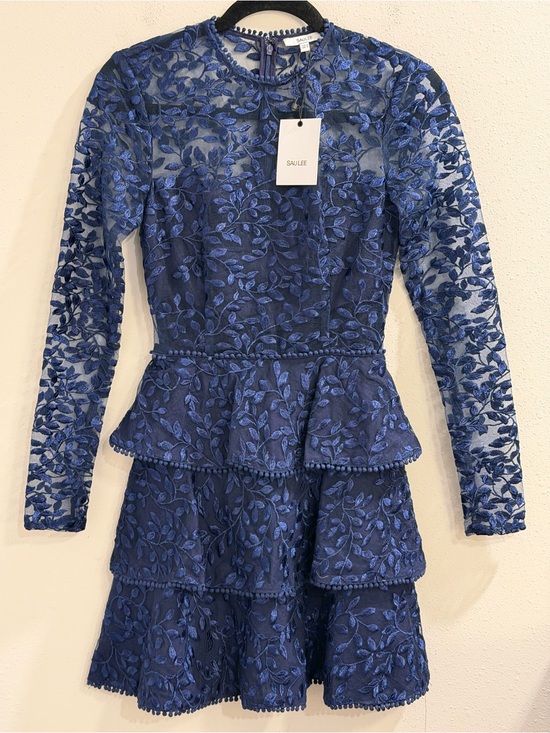 sau lee Dresses & Skirts - Sau Lee NWT US 0 Blue Floral Embroidered Lace Mini Dress Tiered Ruffle Cocktail